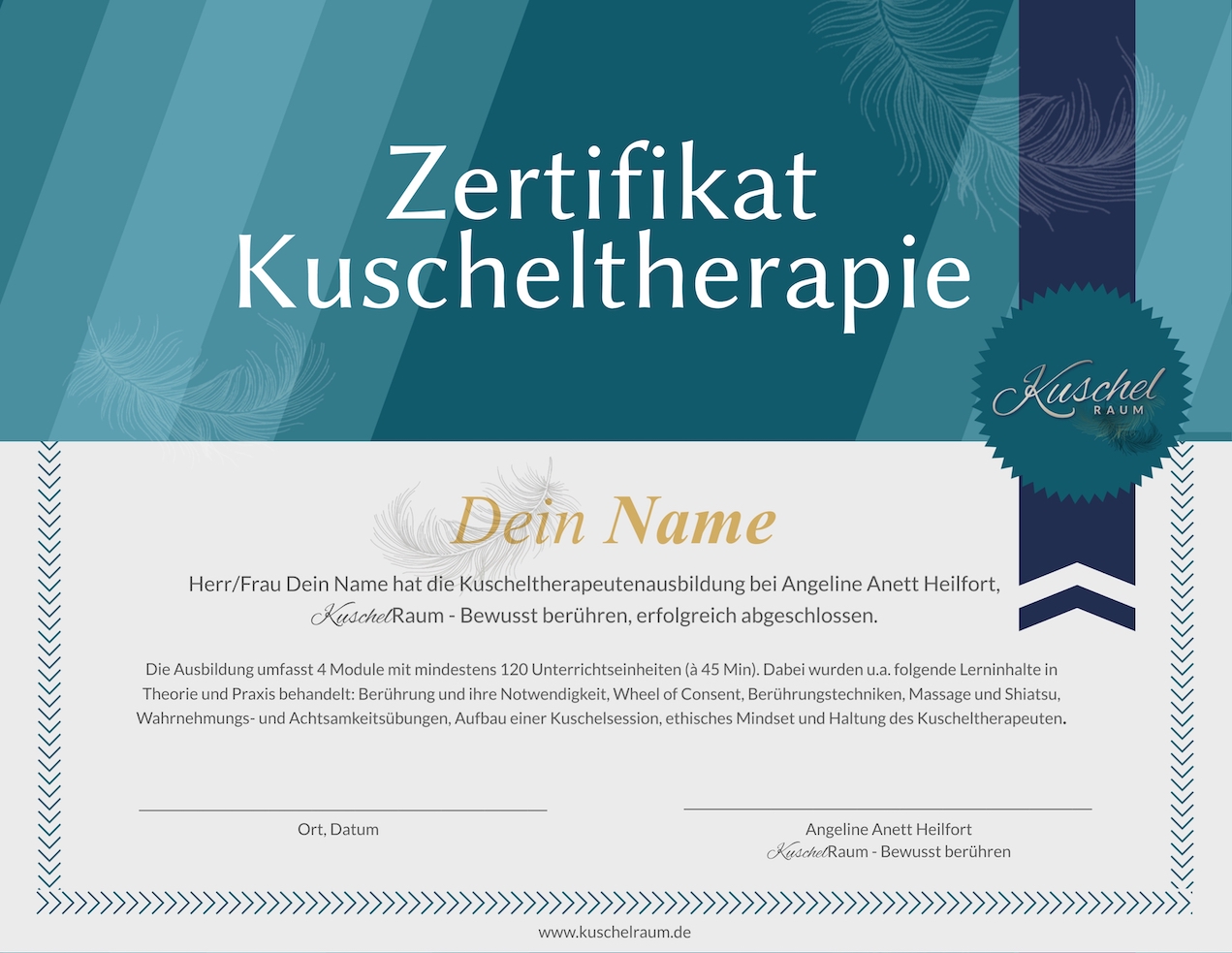 Zertifikat Kuscheltherapie Zertifikat für die Ausbildung des KuschelRaums in Kuscheltherapie - eine fundierte Ausbildung ist notwendig.